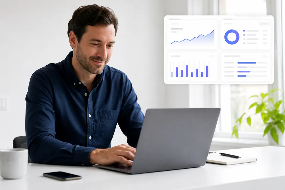 Business owner reviewing a website growth dashboard